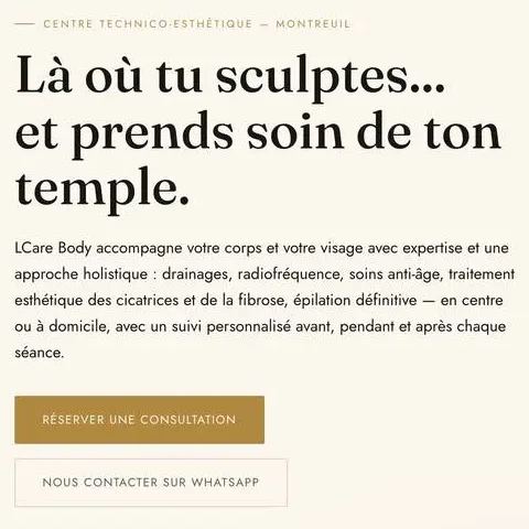 Détail du site LCare Body : titre et boutons de réservation
