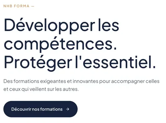 Détail du site NHB Forma : promesse et bouton formations